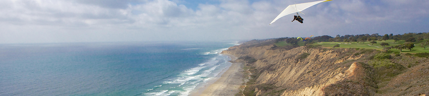 Aerial view from a paraglider over the beach at Torrey Pines State Reserve in La Jolla, California